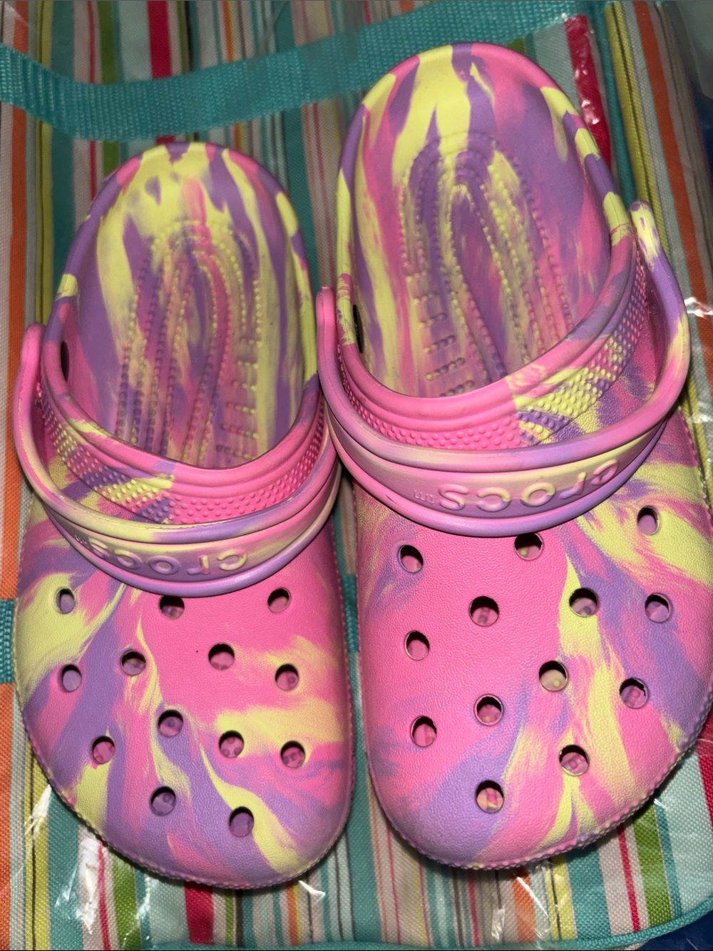 CROCS  Sz 3.  Big girls Tie-Dye Pink Yellow Purple Clog Sandals